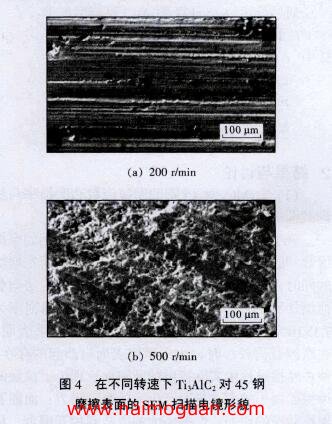 圖4 在不同轉速下Ti A1C 對45鋼 摩擦表面的SEM掃描電鏡形貌